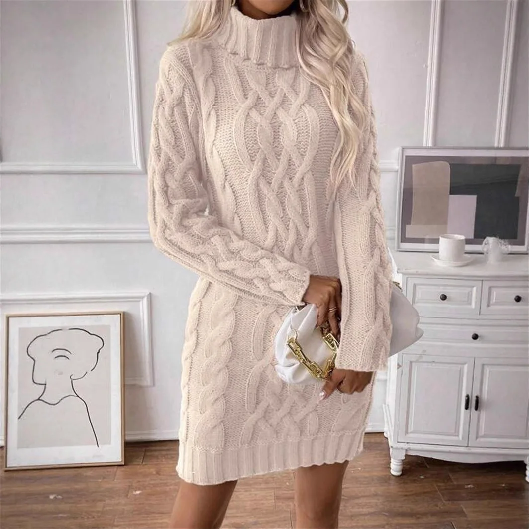 

New Slim Knit Dress Turtleneck Cable Pattern Long Sleeve Knitted Gown Dress Women's Sweater Dress Autumn Winter