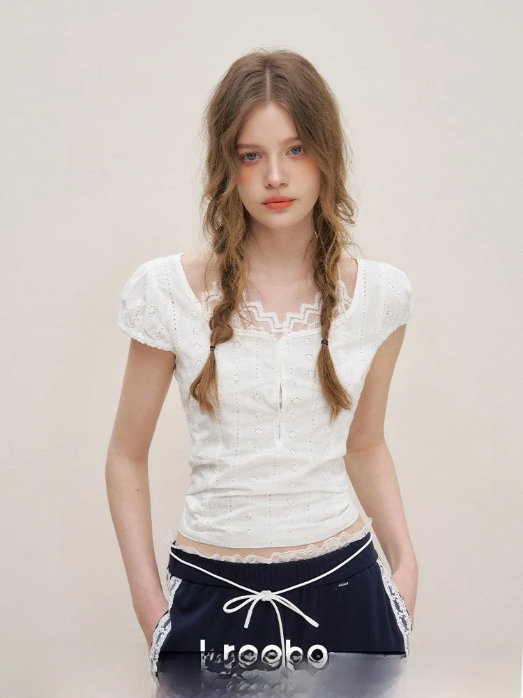 

Kroche Pure White ort Sve Embroidered Lace Hollow out Design irt Fene Commute Sle Breathable Cotton Bubble Sve