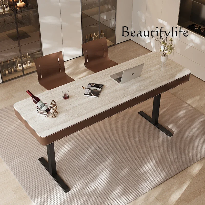 N49 Retro travertine rock slab electric lifting bar table household computer desk office dual motor lifting table