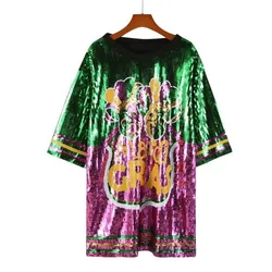 #0253 Streetwear Party Sequin T Shirt Women Spliced Color Funny Shinny Short Sleeve T Shirt For Girl Loose Womens Tee Shirts