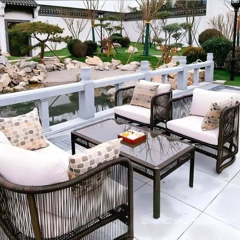 & New Chinese Style Outdoor Sofa Set, Waterproof Patio Garden Furniture, Rattan Table & Chairs for Courtyard & Sales Office
