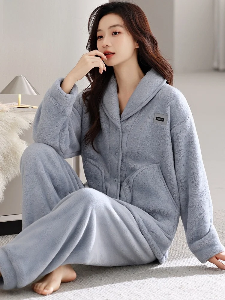 women's-winter-sleepwear-coral-fleece-lined-thickened-home-clothes-set-large-size-casual-style-long-pants-soft-flannel