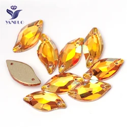 YANRUO 3254 9x20mm Metallic Sunshine Diamond Leaf Gold Stones Crystal Strass Flat Back Sew On Rhinestones For DIY Crafts