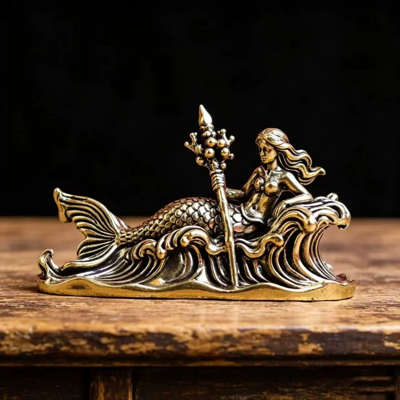 Retro Brass Mermaid Trident Sculpture Antique Metal Nautical Tabletop Figurine Home Office Coastal Decor Collectible Gift