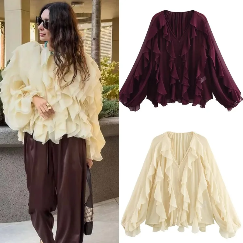 

Лето 2022, шикарные женские элегантные свободные многослойные рубашки с длинными рукавами, офисные женские винтажные полупрозрачные многоуровневые блузки с v-образным вырезом и оборками