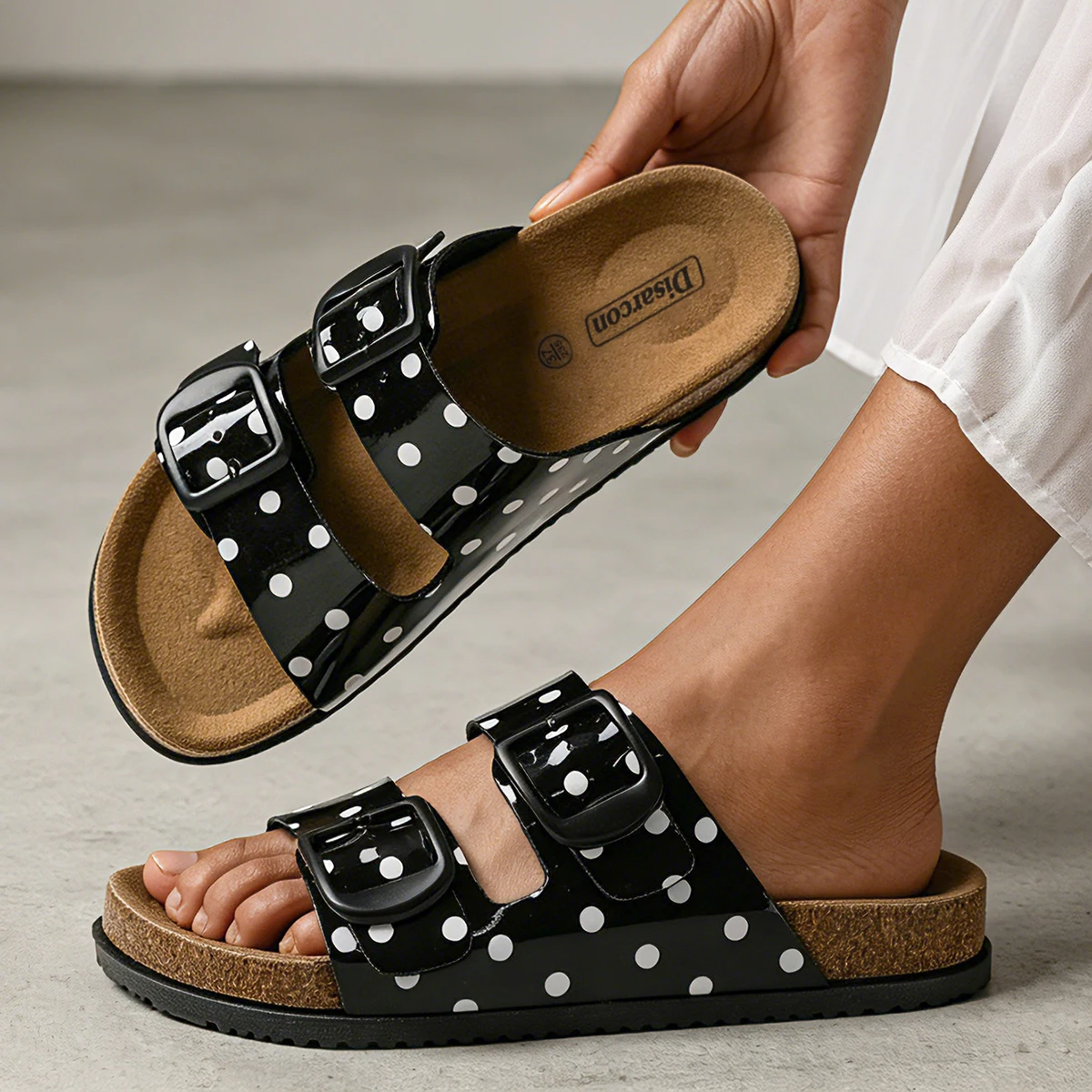 Polka-Dot Doppelriemen-Pantoffeln, Damen-Sandalen mit Verstellbarer Schnalle, Bequeme Flache Schuhe für den Täglichen Outdoor-Gebrauch – Detail 6