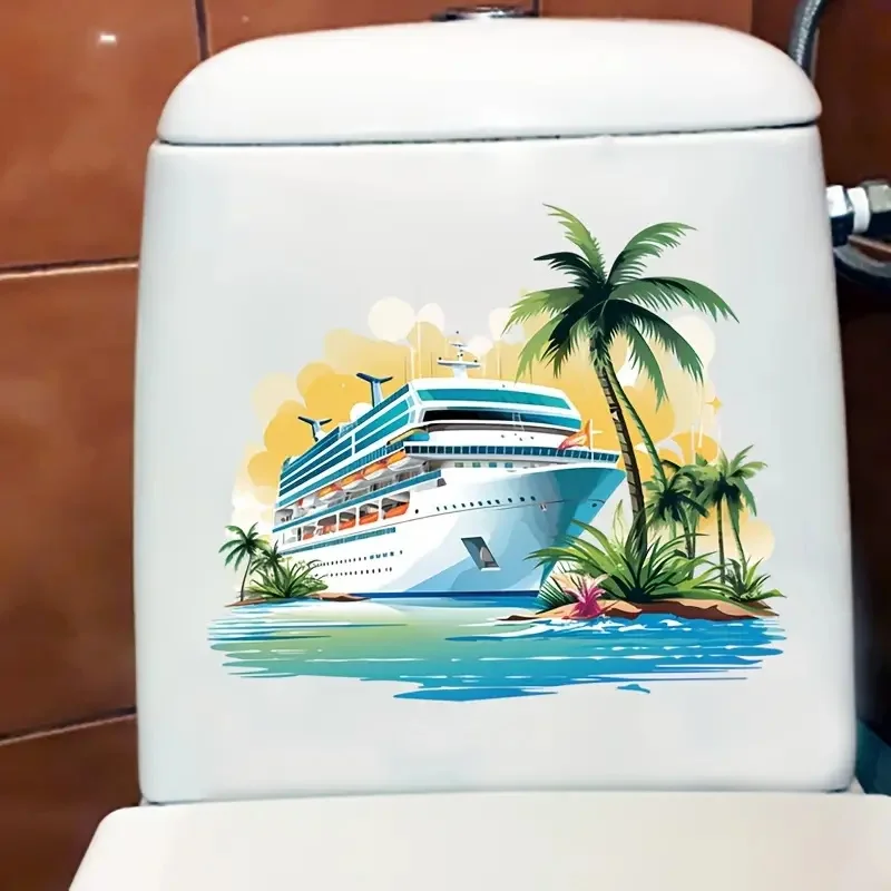 Beach Cruise and Palm Trees Toilet Stickers, Bright Bathroom for Home Decoration, Vinyl Car Decals, Art Wall Paper, Poster