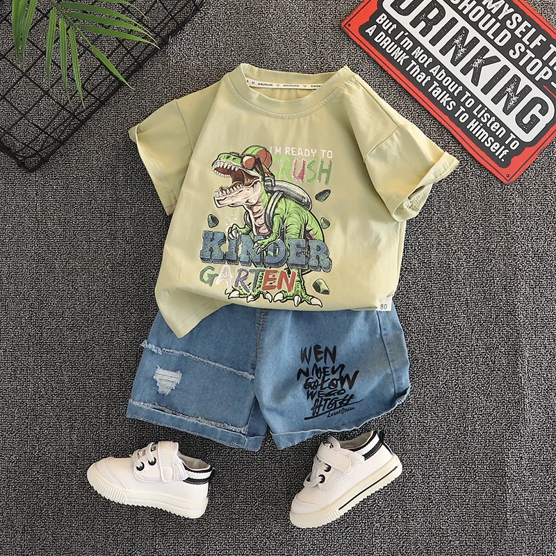 Summer Toddler Boys 2Pcs Outfit Set Cool Dinosaur Print Short Sleeve Cotton T-shirt + Ripped Denim Shorts Kids Casual Cartoon Dino Clothing Suit For 1-6Y Little Boys Daily Wear Kindergarten Holiday Playwear
