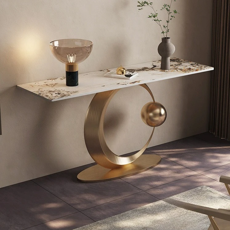 طاولة مدخل إيطالية فاخرة من الفولاذ المقاوم للصدأ على شكل نصف قمر، طاولة مدخل بسيطة للممر والممر والرخام