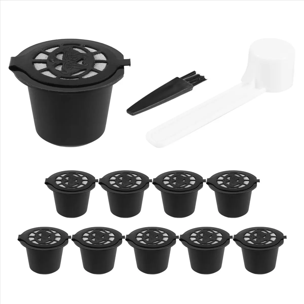 CLIM 10 Pcs Filtros de Cápsula de Café Recarregáveis Reutilizáveis para com Colher Escova Acessórios de Cozinha Filtro de Café Preto