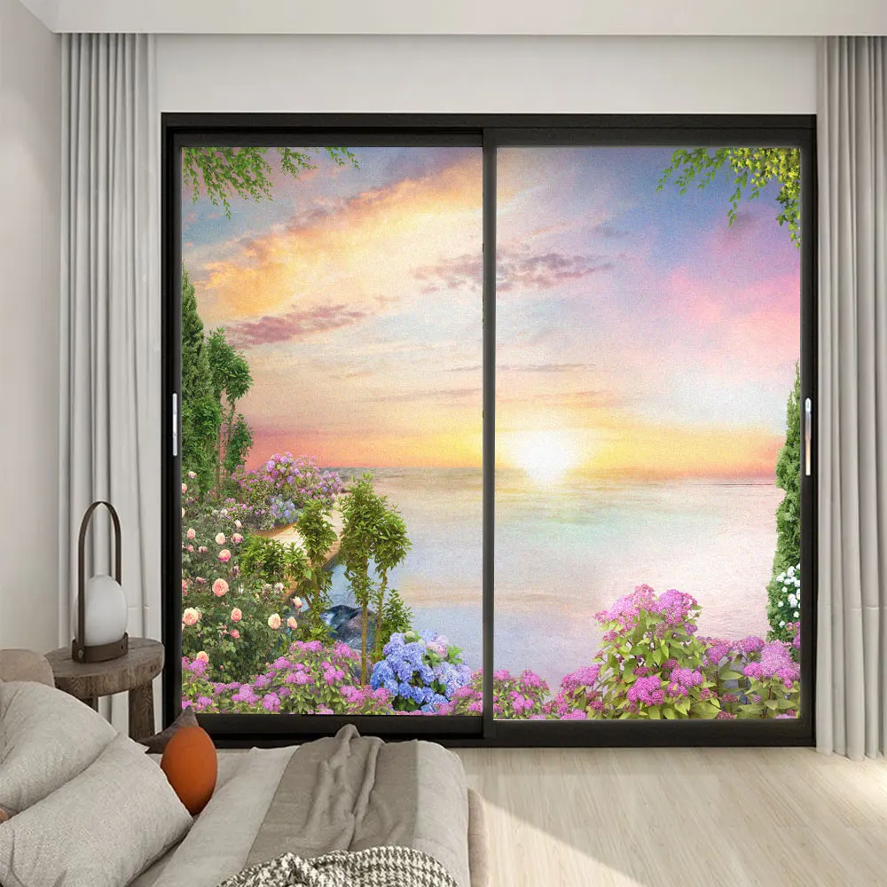 

PVC Privacy Glass Window Film Sea of Flowers Pattern Frosted Sliding Door Film Static Clings Non-Glue Anti UV Glass Sticker