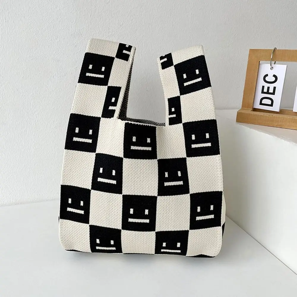 Handmade Knit Handbag Women Mini Knot Wrist Bag Casual Color Plaid Tote Bag Student Reusable Shopping Bags