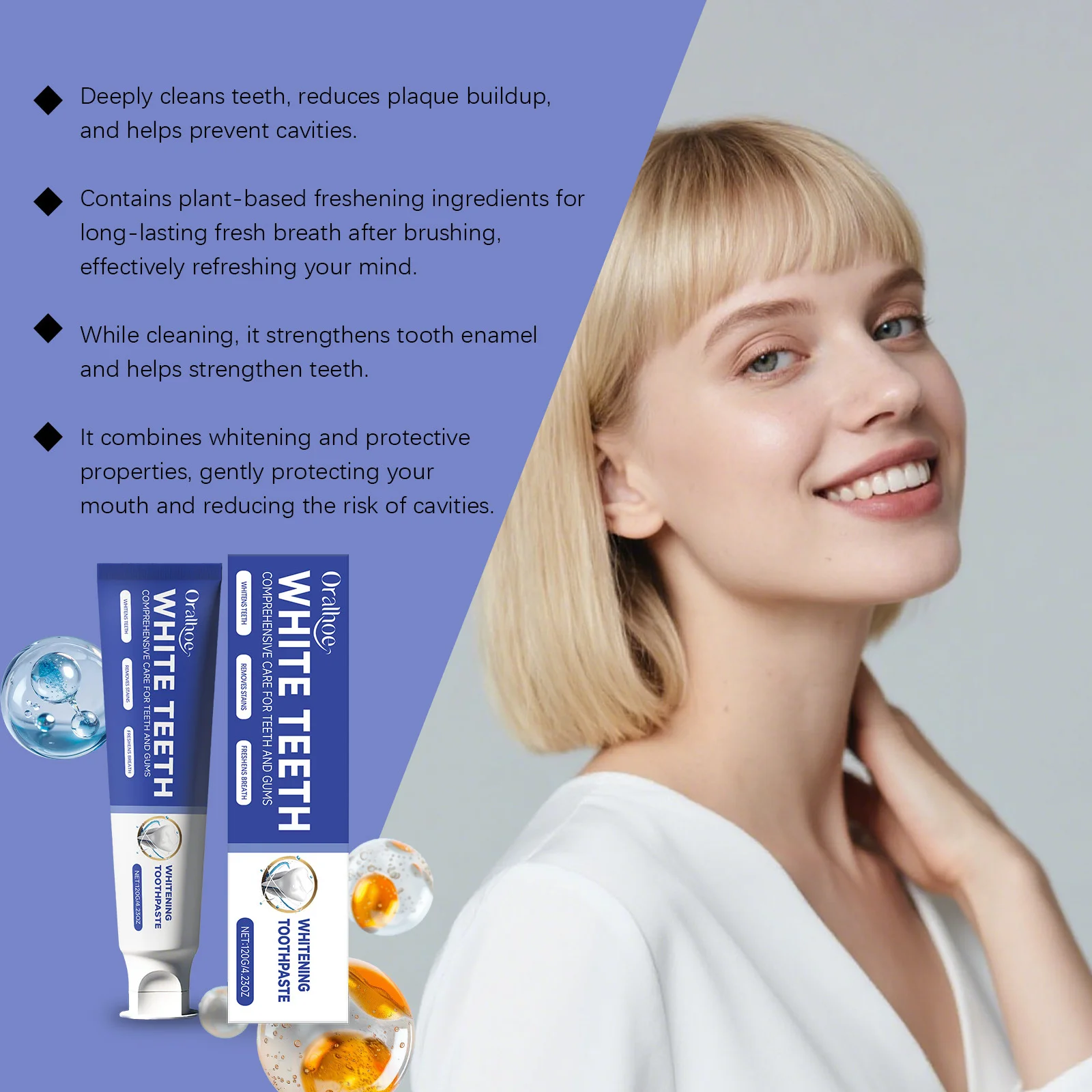 Dentifricio schiarente per denti Rimuovi macchie di placca Migliora i denti gialli Pulizia profonda Alito fresco Sbiancamento Dentifricio sbiancante