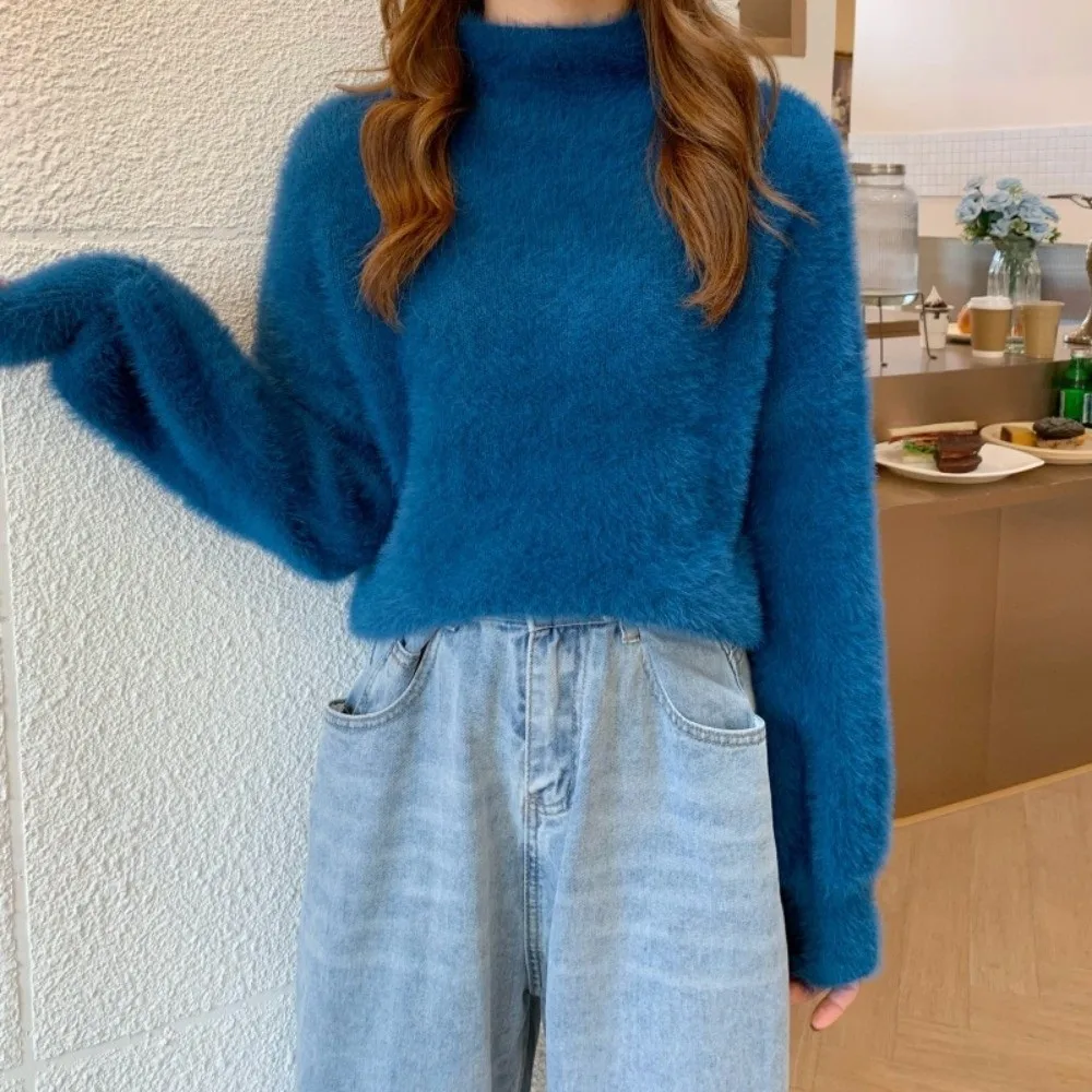 Thick Warm Mock Neck Sweater Fuzzy Texture Soft Material Fuzzy Knit Jumper Long Sleeve Casual Style Loose Fit Sweater 3