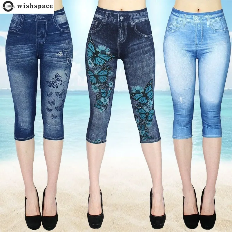 2022 New Vintage Butterfly Print Imitation Denim Leggings Fashion Pant Jeans Women Elastic Tight Female Shorts Clothing Trousers