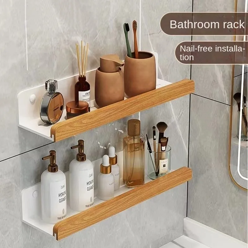 

Wall-Mounted Bathroom Wooden Shelf Non-Punched Kitchen Storage Racks Waterproof And Moisture-Proof Bathroom Kitchen Accessories