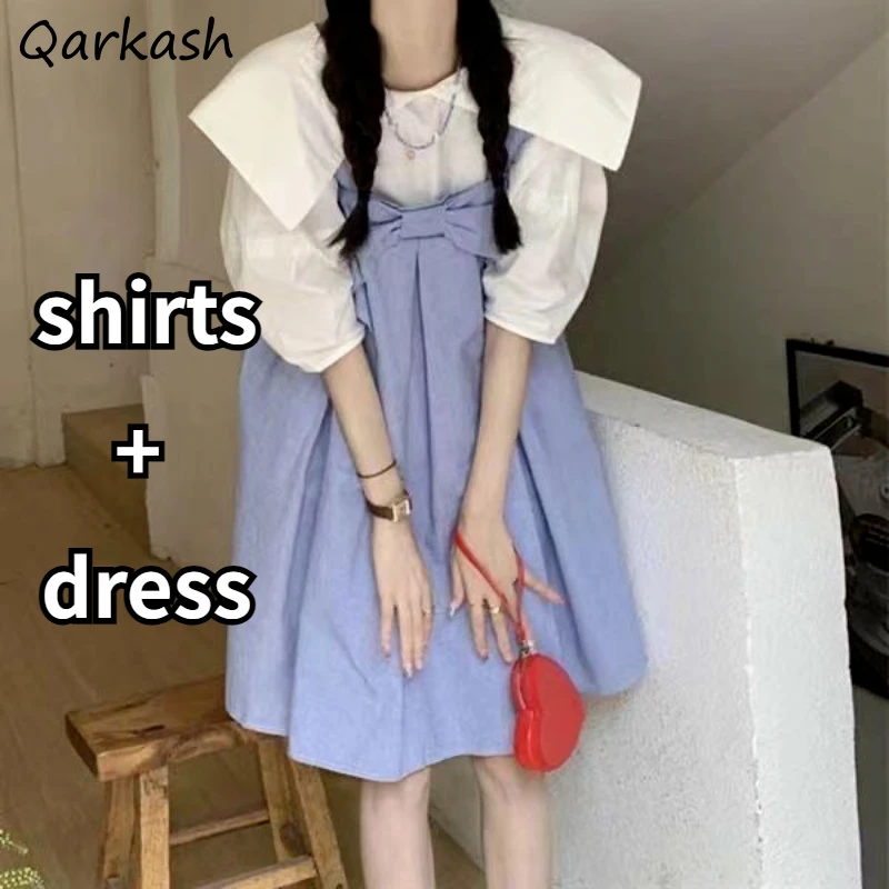 2 Pcs Sets Women Summer Peter Pan Collar Shirts Bow Mini Dresses Sweet All-match Tender Fashion Teens Ulzzang Aesthetic Girlish