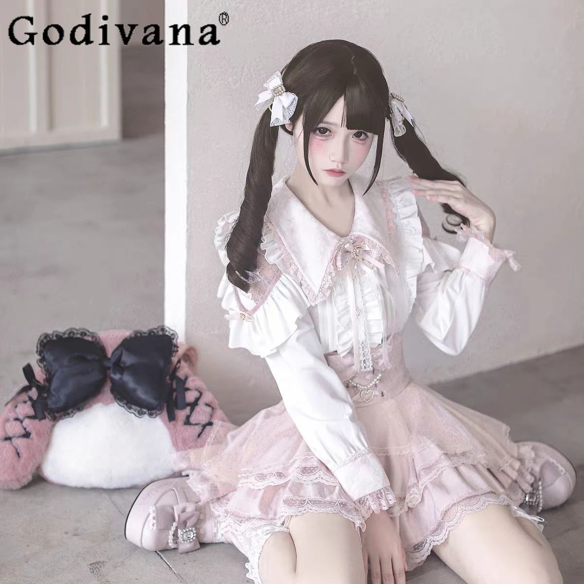 

Mine Long Sleeve Shirt Spring and Autumn New Japanese Girls Sweet Bow Lace Lolita Blouse Women's Slim Fit Elegant Top Skirt Set