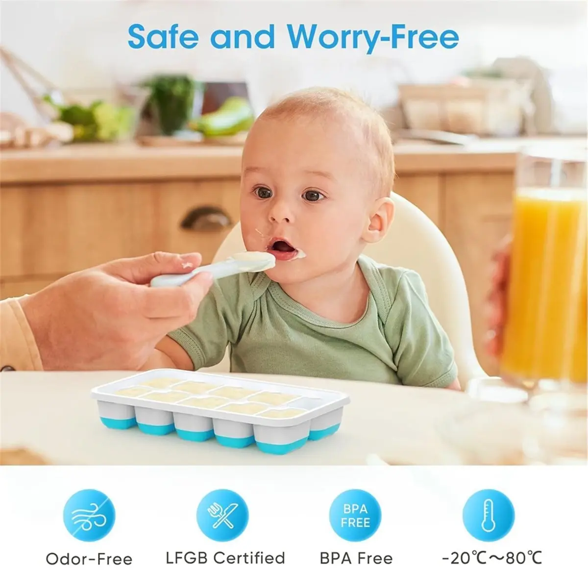 Ice Tray Set with Lid and Bin - Silicone Ice Trays for Freezer, Stackable Storage Container & Scoop