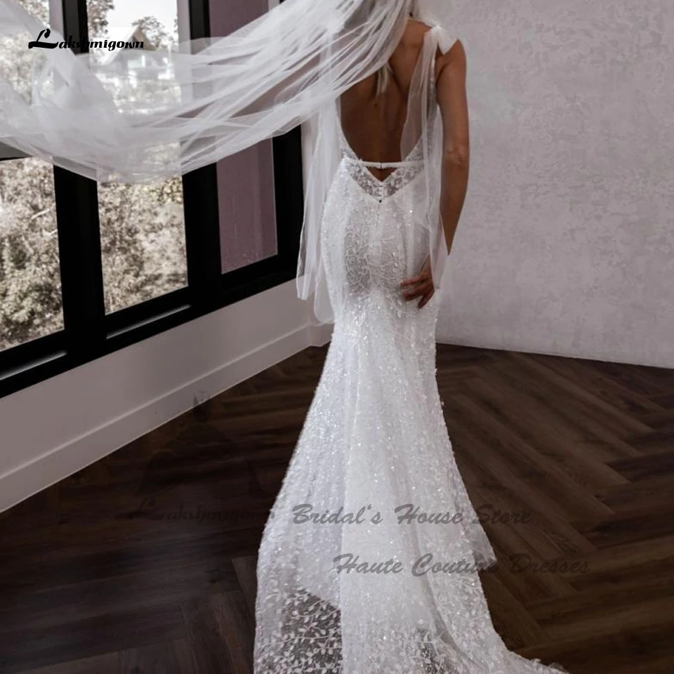 Laksh migown Luxus Perle Spitze Boho Strand Brautkleider rücken frei 2024 Vestidos sexy Meerjungfrau Brautkleider tauchen V-Ausschnitt