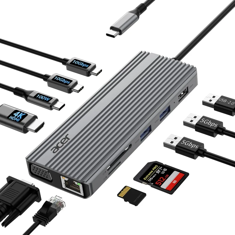 

11-in-1 USB C Hub with 4K HDMI, VGA, 100W PD, Ethernet & Dual Monitor Support for Laptops