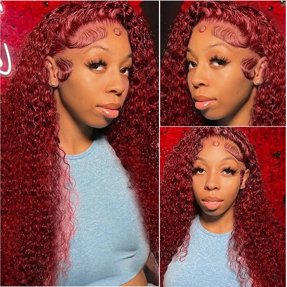 26 36 дюймов 99J Бордовый Глубокая волна 13x6 Парик из натуральных волос на кружеве 13x4 HD Парики из натуральных волос на кружеве Водные вьющиеся бразильские волосы Remy для женщин