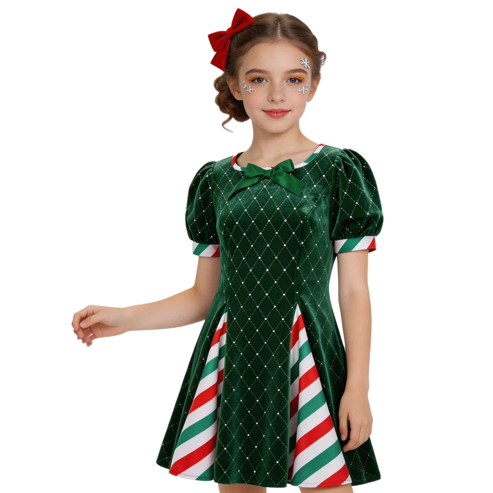 Kids Girls Christmas Holiday Dress Short Puff Sleeve Zipper Striped Rhinestone Velvet Patchwork Dress with Bowknot