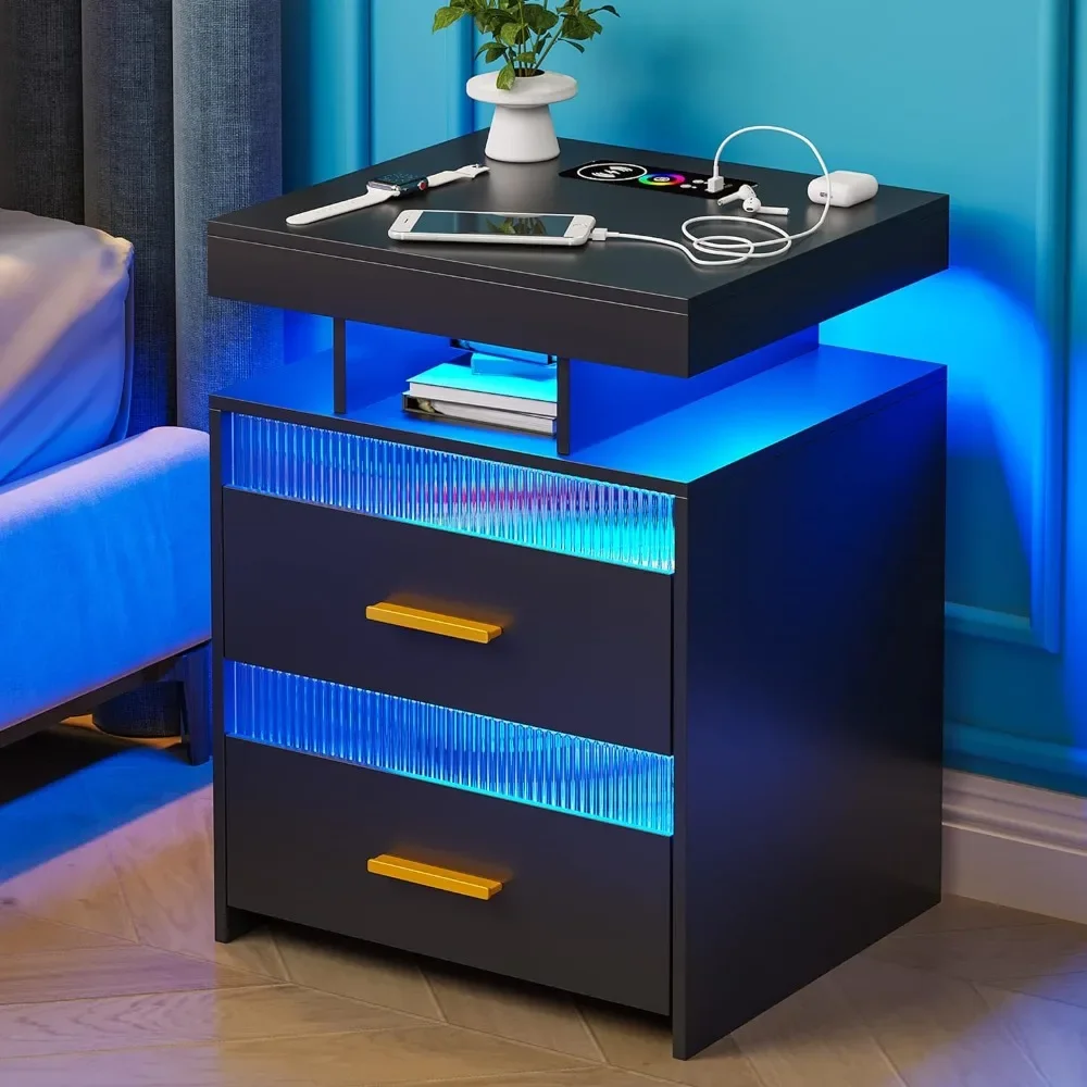 

Bedside Table With Wireless Charging Station and LED Light Bedside Table With 2 Transparent Drawers and Open Compartment Bedroom