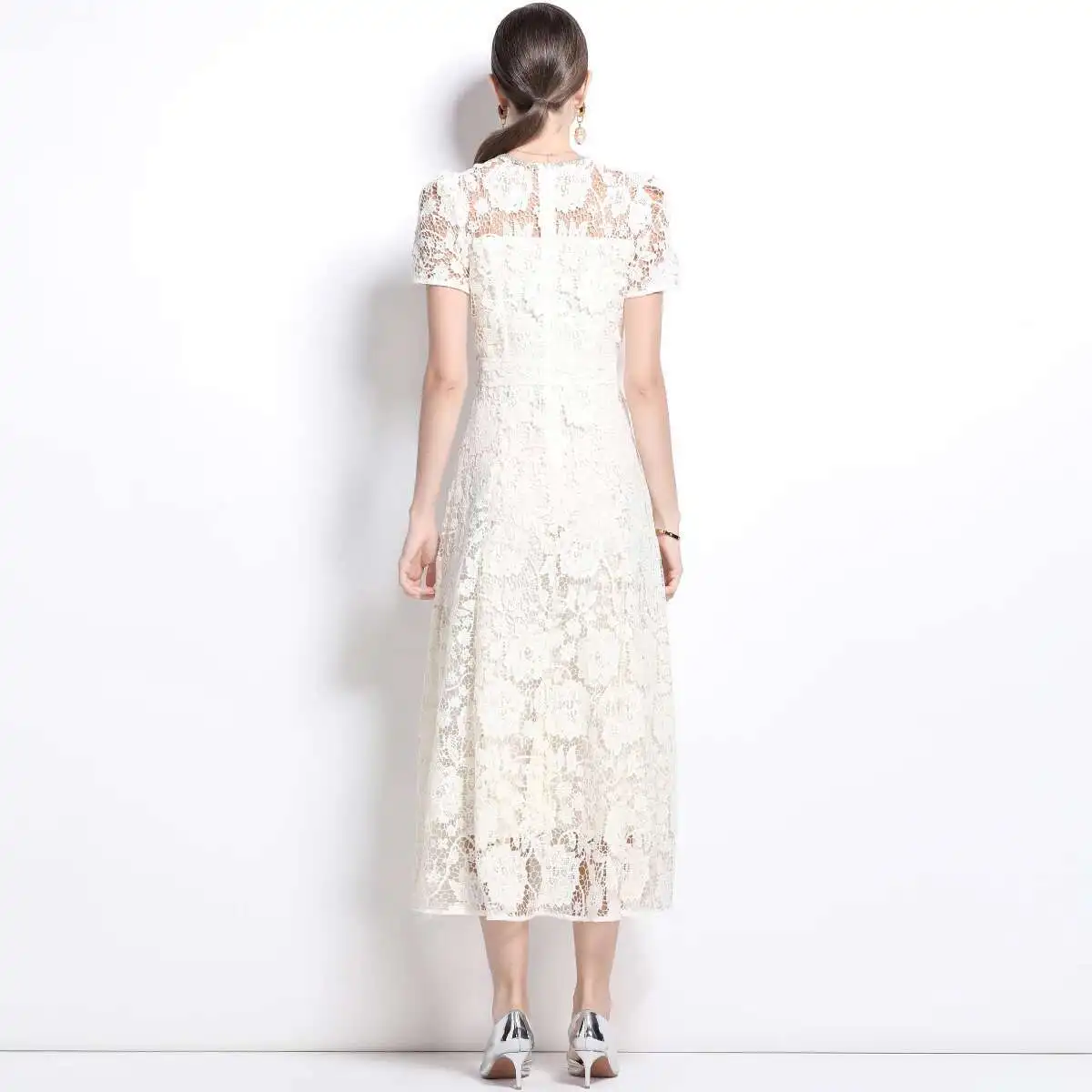 Elegant Flower Embroidery Hollow Out Lace Long Dresses Women\'s 2025 Summer Crystal Bow Eveng Party Dress Wedding Bridesmaid Robe