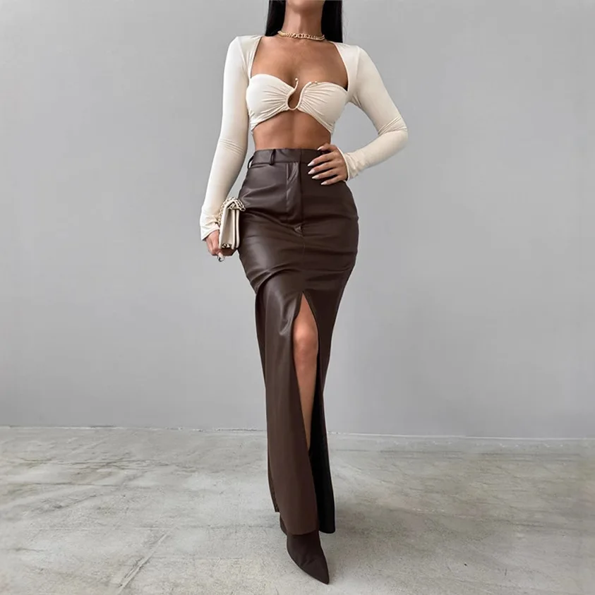 Women's Clothing Leather Design Split Fork Solid Color High Waist Simple Leather Slim Skirt for Women