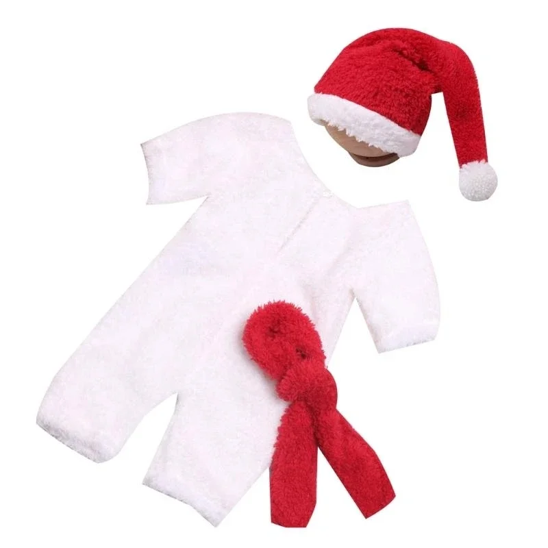 J15U Infant Photography Props Christmas Costume Romper Santa Hat Neck Scarf Baby Photoshooting Clothes Newborn Shower Gift