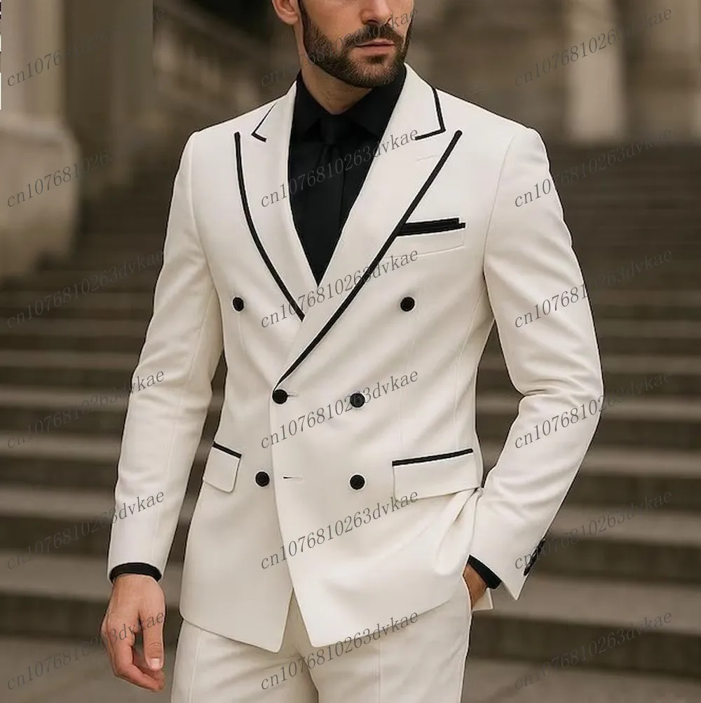 

New White And Black Business Men Suit Groom Groomsman Wedding Party Prom Formal Occasion Male Tuxedos 2 Piece Set Blazer Pants