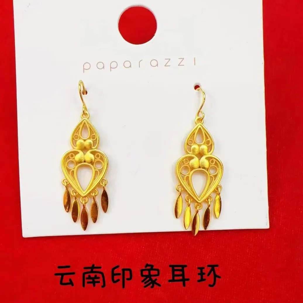 

24K Gold Women's Gold Tassel Hollow Heart Earrings | AU999 Pure Gold, carved heart, swaying tassels, sparkling romance