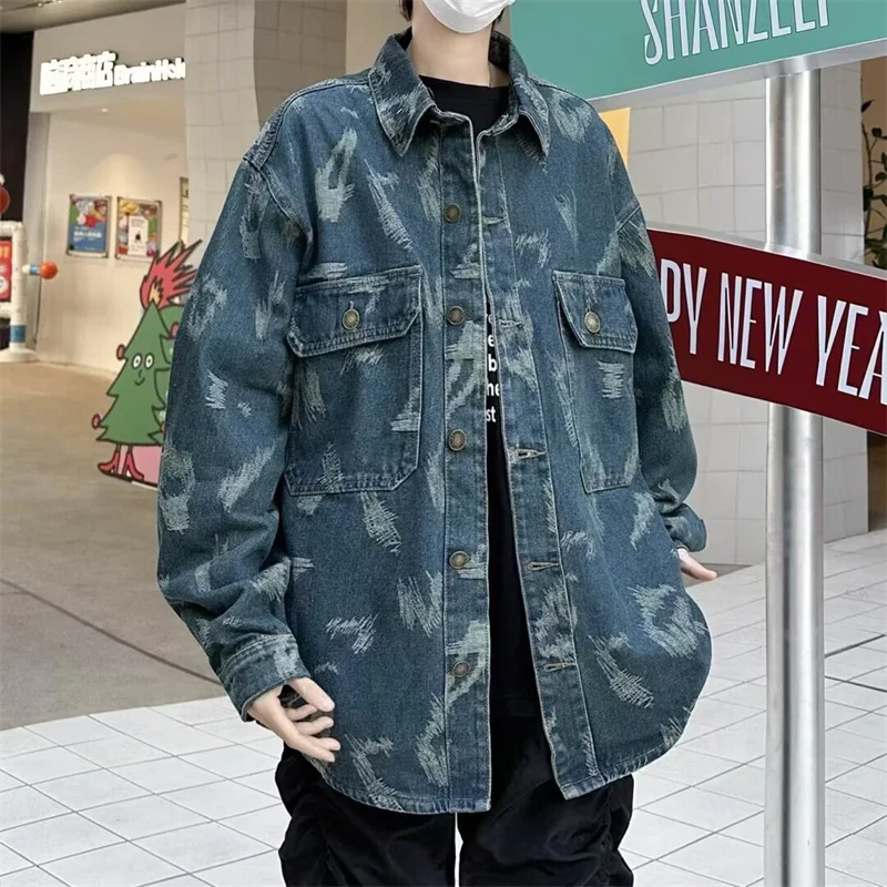 

Autumn Men's American Streetwear Jacquard Denim Jackets Goth Fashion Graphic Print Outerwear Coat Y2K Vintage Long Sleeve jacket