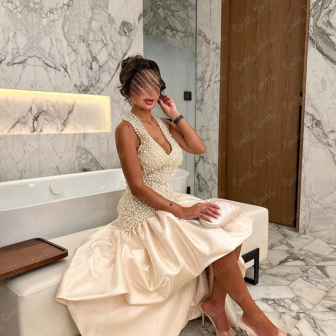 Ranmo مخصص فاخر بلا أكمام الرسن فساتين حفلة موسيقية الخامس الرقبة اللؤلؤ فساتين لحضور الحفلات الموسيقية الخامس الرقبة اللؤلؤ عارية الذراعين فساتين الحفلات المسائية #3