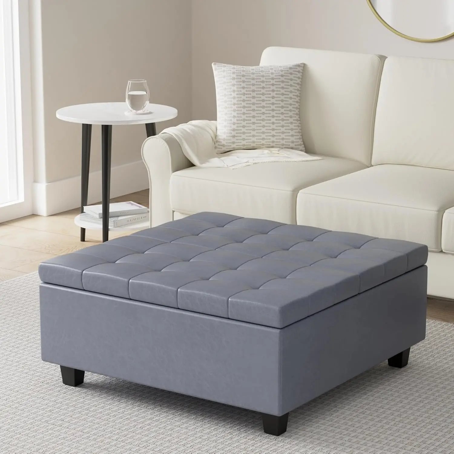 Harrison 36 inch Wide Transitional Square Coffee Table Storage Ottoman in Stone Grey Vegan Faux Leather, Assembled