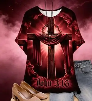 Women Christian Cross John 3:16 Print T‑Shirt Purple Thorn Crown Faith O‑Neck Short Sleeve Tops