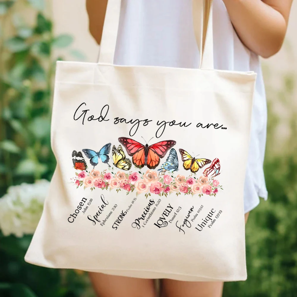 Bolsa de lona con estampado de Dios dice que eres para mujer, diseño bohemio, verso de la Biblia, cita religiosa, regalo de oración de Iglesia, Shopper Cristiano