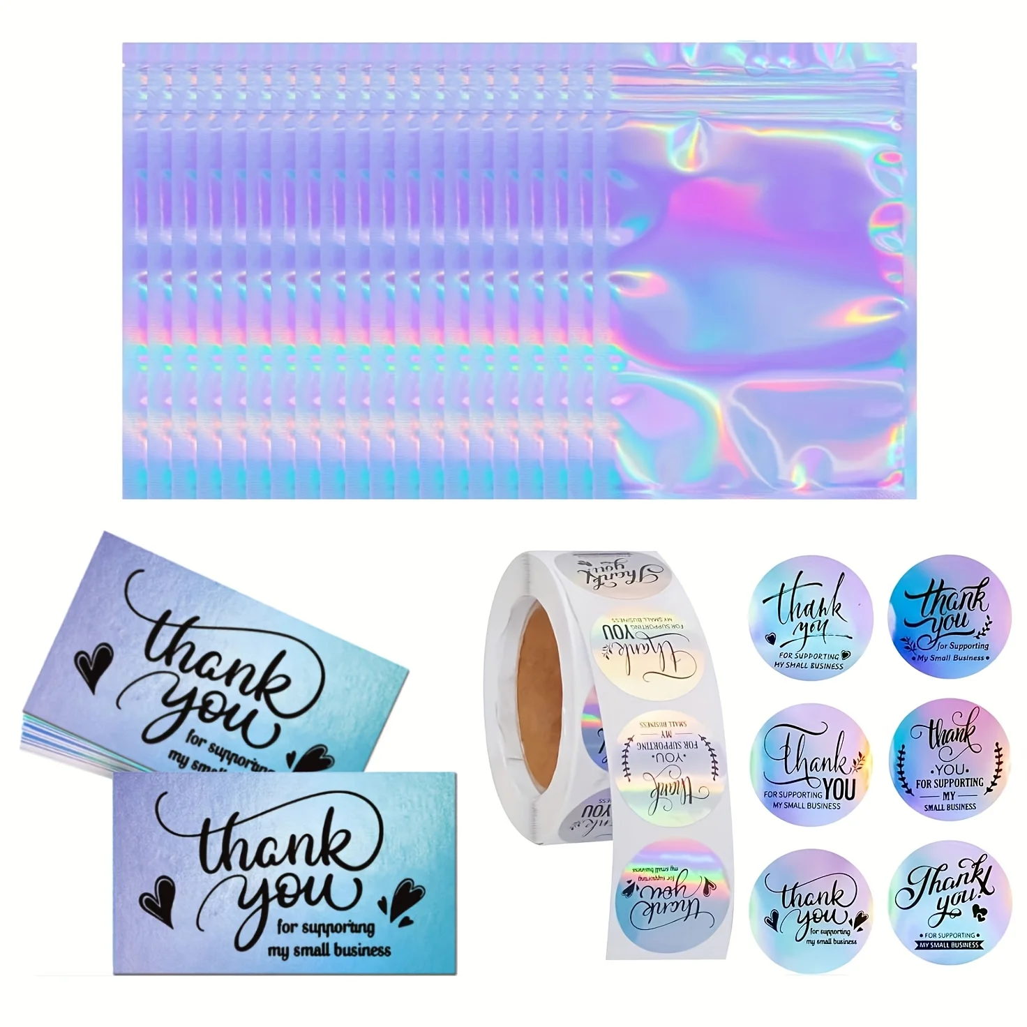 620 Thank You Cards and Stickers Set, Including 20 Re-sealable Packaging Bags, 500 Small Business Stickers and 100 Business Card