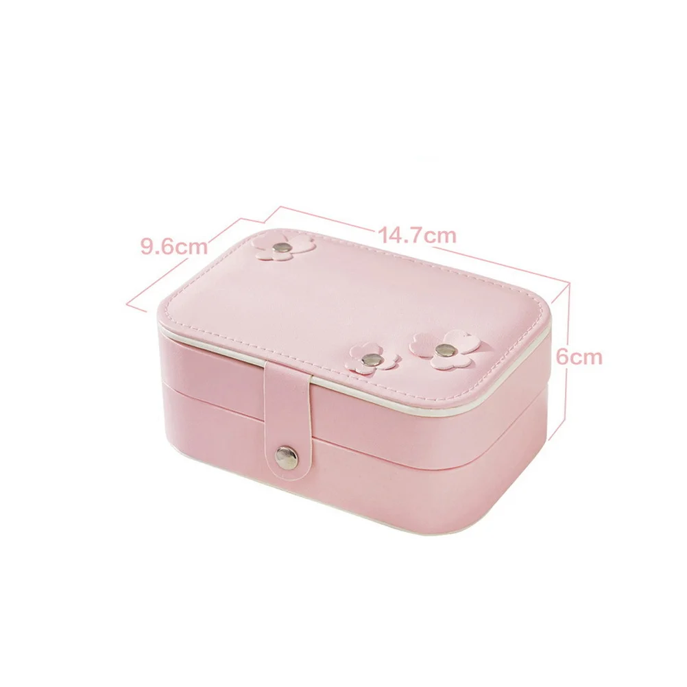 PU Mini Jewelry Box Double Layer Circular Bead Retro Design Portable Jewelry Storage Box for Women Travel Gift Pink