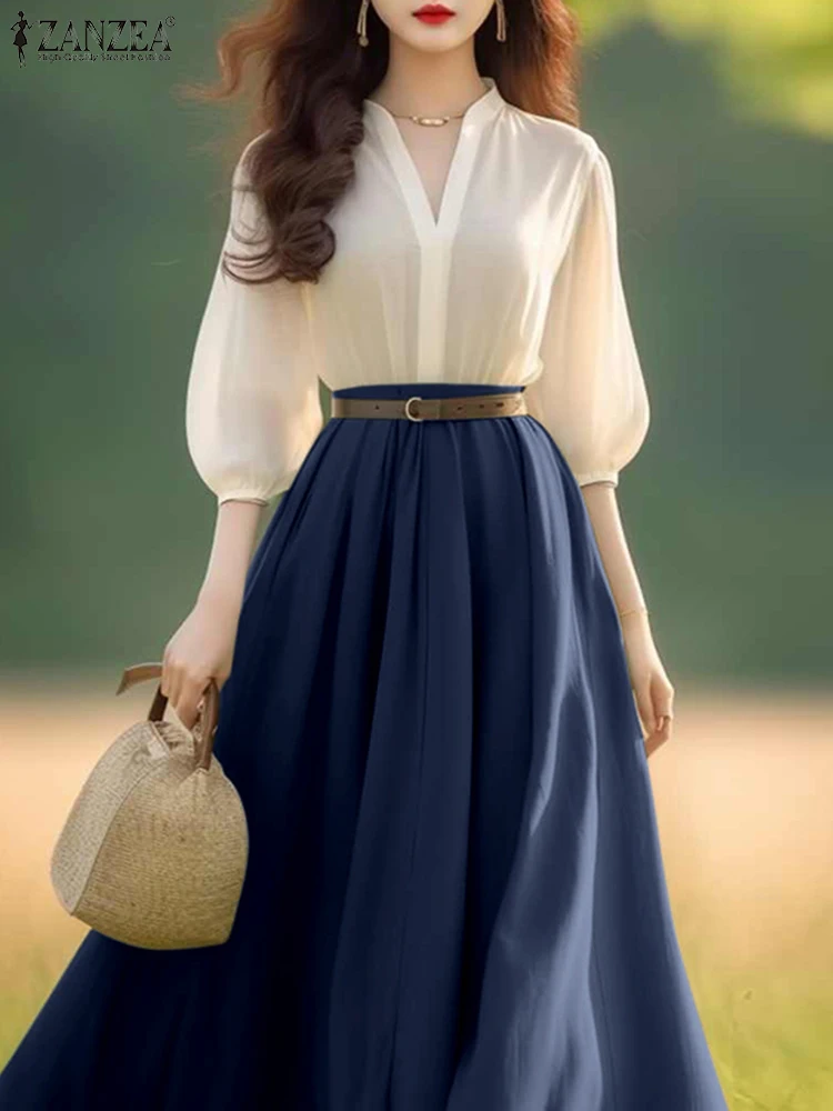 ZANZEA Vrouwen A-lijn Kantoor Dame Vestidos Casual Zomerjurk 2025, Lente Lantaarn Half Mouw Jurken Elegante V-hals Party Gewaden