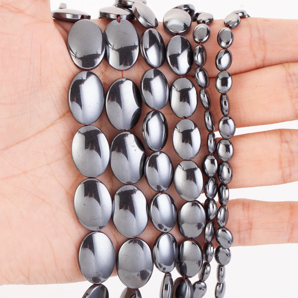 Natural Black Flat Oval Hematite Stone Beads Loose Spacer Beads for Jewelry Making DIY Bracelet Necklace Needlework Accessories