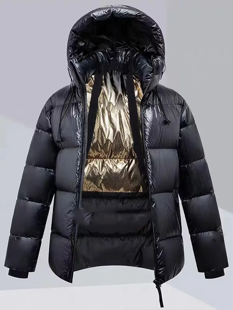 Fashion Vintage Street Black Gold Down Jacket Men's Thick Warm Hooded Padded Coat Male 2024 Winter Zipper Pocket Cotton Clothing