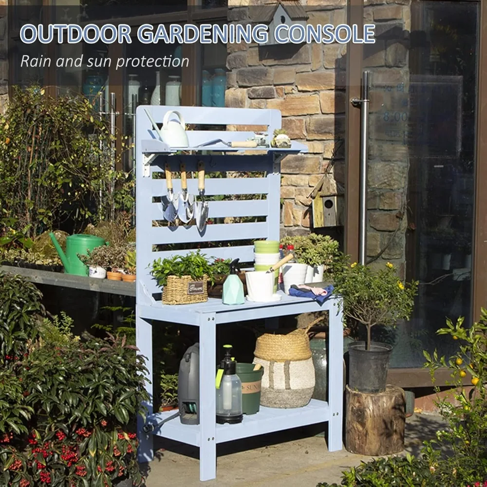 Stół ogrodowy do doniczek - stacja robocza z litego drewna na zewnątrz, ławka ogrodnicza z haczykami, trwały stół do doniczek na zewnątrz