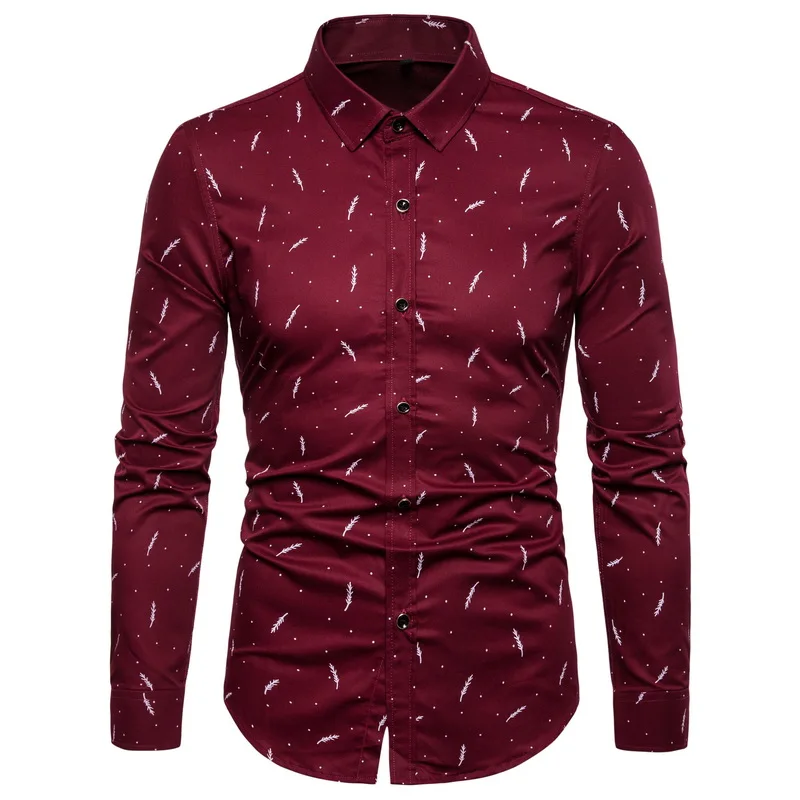 Men\'s Feather Printed Long Sleeved Shirt Cotton Casual Fashion Quality Men\'s Top Size M-5XL 886