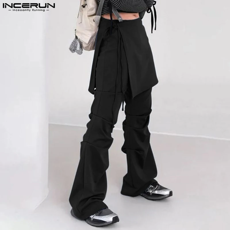 Casual Loose Deconstruction Trousers INCERUN Men Multilayer Solid Color Long Pants 2024 Handsome Simple Ruffled Harajuku Bottoms