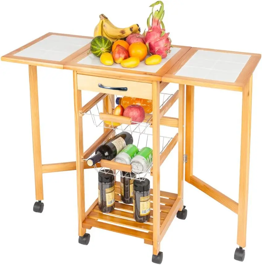 

Heavy Duty Shelving Kitchen Island Cart - Portable Rolling Drop Leaf Kitchen Trolley Cart with 2-Drawer&3-Basket&2 Ro Cosina