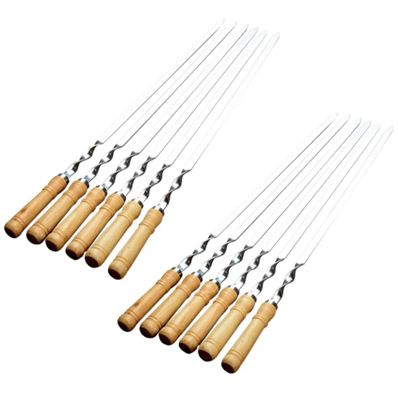 

AA21-12Pcs 55Cm BBQ Skewers Long Handle Shish Kebab Barbecue Grill Stick Wood BBQ Fork Stainless Steel Outdoors Grill Needle