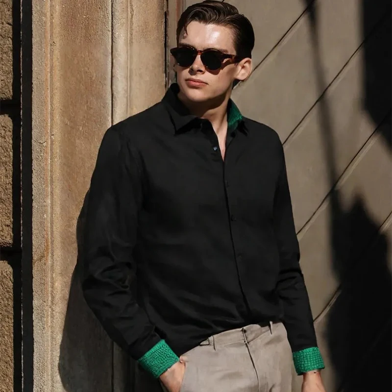 Fashion Men's Inner Contrast Black and Green Plaid Dress Shirt Long Sleeve Tops for Formal Business Prom Clothing