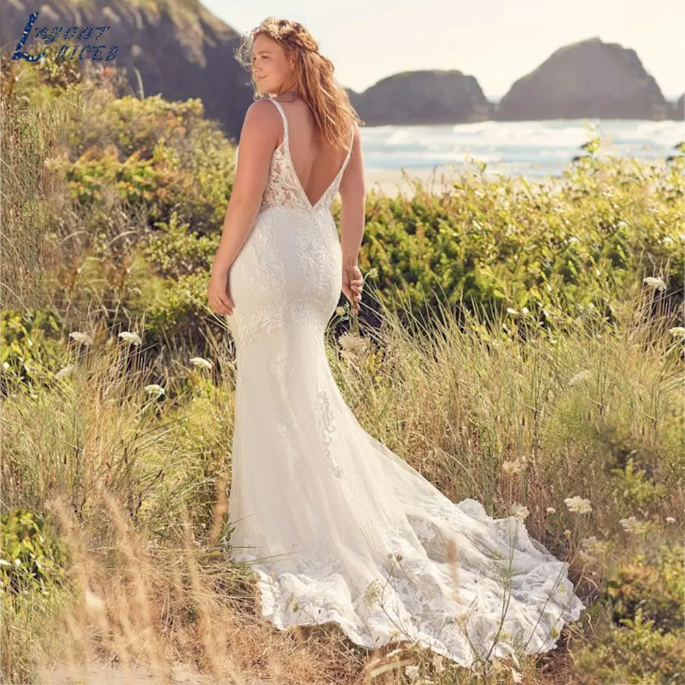 DISPOSITION NICEB-Robes de mariée sirène en dentelle avec bretelles spaghetti, robes de mariée en fibre de tulle dos nu avec boutons au dos, robe éducative de mariageDISPOSITION NICEB-Robes de mariée sirène en dentelle